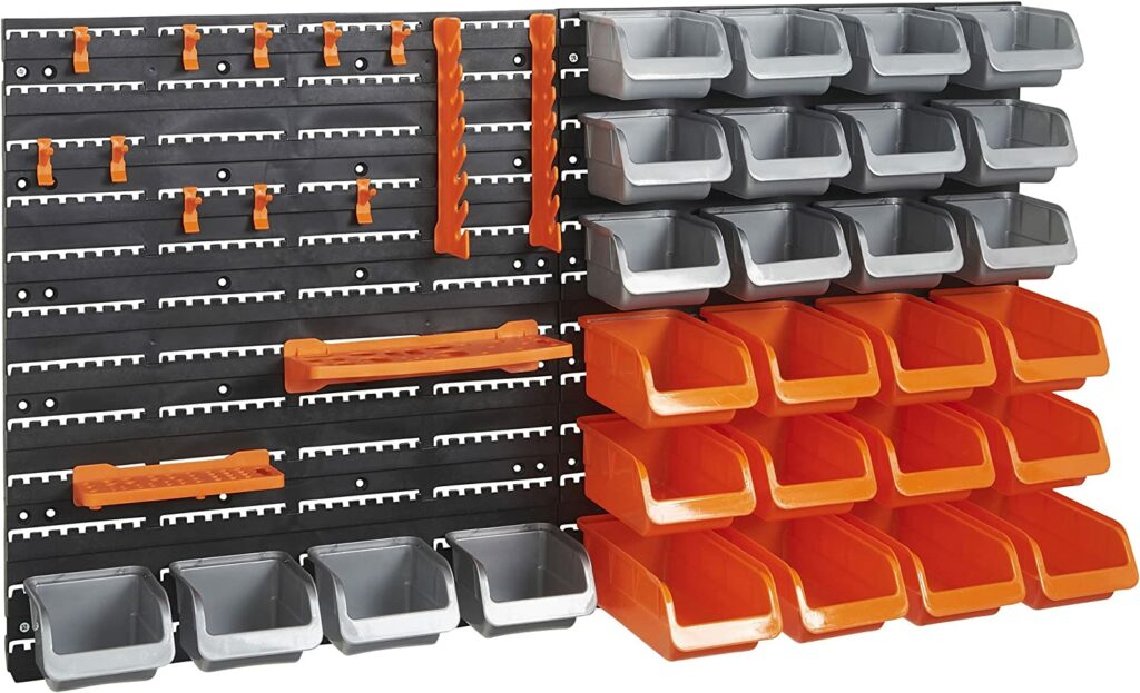 VonHaus 44 Piece Wall Mounted Pegboard Hook, Storage Bins and Panel Set - DIY Garage Storage Wall Mount System with Rack and Bin Accessories - Tool, Parts and Craft Organizer
