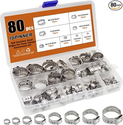 ISPINNER 80pcs Single Ear Stepless Hose Clamps, 304 Stainless Steel 5.8-23.5mm