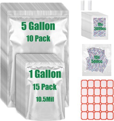 5 Gallon Mylar Bags for Food Storage,10.5 Mil Mylar Bags with Oxygen Absorbers 2000cc-25 Mylar Bags 5 Gallon & 1 Gallon,Stand-Up Zipper Resealable Bags & Heat Sealable Food Storage Bags + Labels 