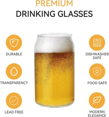[6 PACK,16 OZ] DESIGN•MASTER Premium Can Shaped Drinking Glass, Beer Can Glasses, Can Tumbler Glasses, Perfect for Beer, Cocktail, Iced Coffee, Iced Tea and Soda.