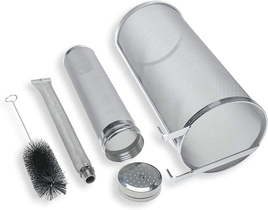 4PCS Hop Spider 300 Micron Mesh Stainless Steel Hop Filter Strainer Including Hopper Spider Strainer, Dry Hop Filter, Kettle Tube Mash Tun and Brush for Home Beer Brewing Kettle