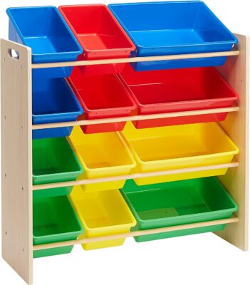 Amazon Basics Kids Toy Storage Organizer with 12 Plastic Bins - Natural Wood with Bright Bins