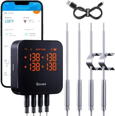 Govee WiFi Meat Thermometer, Wireless Meat Thermometer with 4 Probe, Smart Bluetooth Grill Thermometer with Remote App Notification Alert, Digital Rechargeable BBQ Thermometer for Smoker Oven Kitchen 
