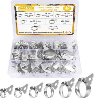 Hose Clamp Set, 304 Stainless Steel Worm Gear Hose Clamps Assortment Adjustable Range 1/4”~1-1/2”( 6mm - 38mm) 6 Sizes 30 PCS with Easy Turn Hand Screw for Pipe, Hose, Plumbing, Tube and Fuel Line
