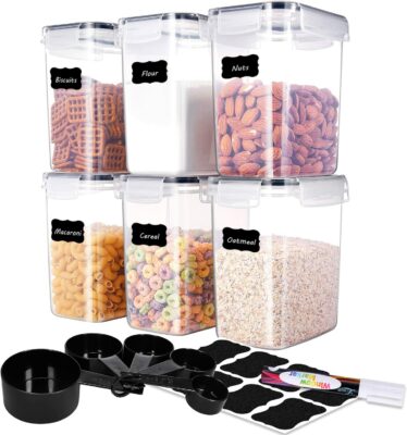 ME.FAN Food Storage Containers - 6 Set Airtight Storage Containers 1.6L(54.1oz) with 5 Set Measuring Cups 24 Chalkboard labels & Pen Ideal for Sugar, Flour, Baking Supplies (Black)