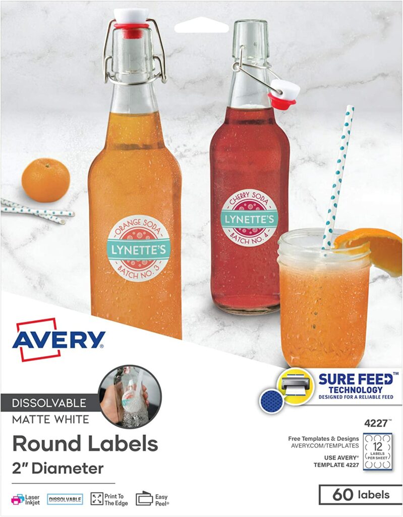 Avery Printable Dissolvable Round Labels with Sure Feed, 2" Diameter, White, 60 Customizable Labels (4227)