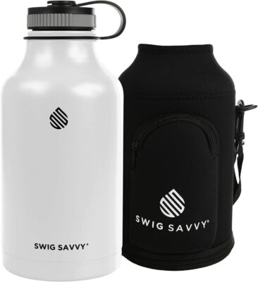 Swig Savvy Vacuum Insulated Stainless Steel Double Wall Wide Mouth Sports Water Bottle with Storage Sleeve, 64 Ounces, White