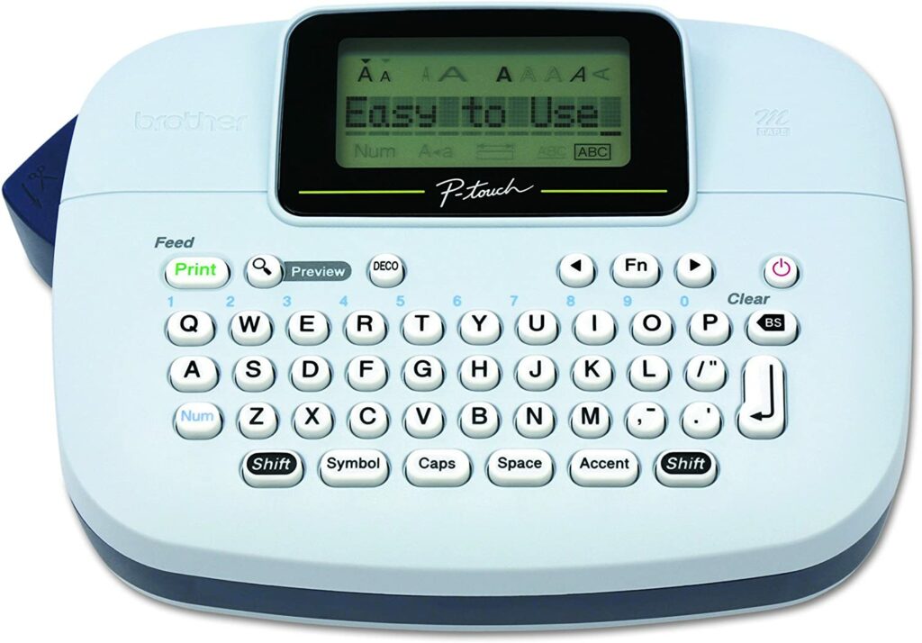 Brother P-Touch, PTM95, Handy Label Maker, 9 Type Styles, 8 Deco Mode Patterns, Navy Blue, Blue Gray