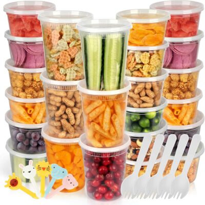 [50 Pack, 2 Size] Food Storage Containers with Lids,16oz, 32oz Plastic Airtight Deli Food Containers w Spoons, Microwave Freezer Food Container, BPA-Free Dishwasher Leakproof Clear Takeout Meal Preps
