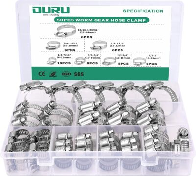 OURU 50PCS Stainless Steel Hose Clamp Assortment Kit,Adjustable 1/4"-1-23/32"(6-44mm) Worm Gear Hose Clamp Set,Metal Fuel Line Hose Clamps for Automotive,Plumbing,Radiator,Pipe and Tubing(7 Sizes)