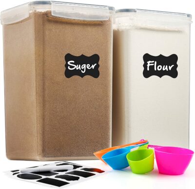 2 Pack Extra Large Airtight Food Storage Containers - 6.5L / 220 Oz BPA Free Clear Plastic Kitchen and Pantry Organization Canisters for Flour, Sugar, Rice & Baking Supply - Labels, Marker & Spoon Set