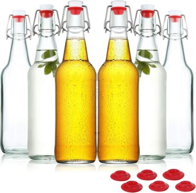 YEBODA Clear Glass Beer Bottles for Home Brewing with Easy Wire Swing Cap & Airtight Silicone Seal 16 oz- Case of 6 