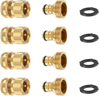 FINEST+ Garden Hose Quick Connector, Solid Brass 3/4 Inch Thread Fitting No-Leak Water Hose Female and Male Easy Connect (4 Sets)
