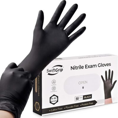 SwiftGrip Disposable Nitrile Exam Gloves, 3-mil, Black Nitrile Gloves Disposable Latex Free for Medical, Cooking & Esthetician, Food-Safe Rubber Gloves, Powder Free, Non-Sterile, 50-ct Box (Large)