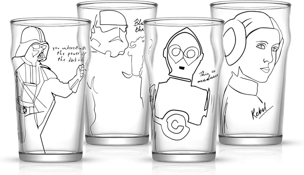 JoyJolt Striking Sketch Art Star Wars Pint Glasses - Set of 4 Pint Glass Capacity Traditional Drinking Glasses. Oversized Darth Vader C-3PO Stormtrooper Princess Leia Drinking Glasses Set 