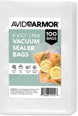 Avid Armor - Pint Size Vacuum Sealer Bags, Vac Seal Bags for Food Storage, Meal Saver Freezer Vacuum Sealer Bags, Sous Vide Bags Vacuum Sealer, Non-BPA, 6 x 10 inches, Pack of 100 
