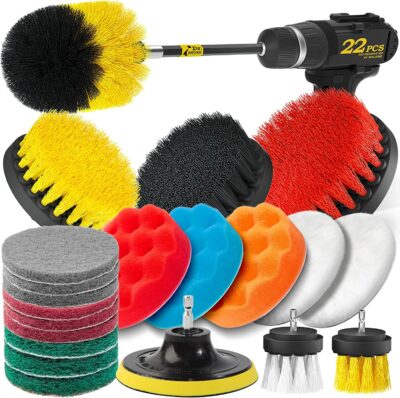 Holikme 22Piece Drill Brush Attachments Set, Scrub Pads & Sponge, Buffing Pads, Power Scrubber Brush with Extend Long Attachment, Car Polishing Pad Kit 