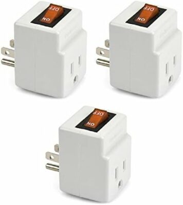 3 Prong Grounded Single Port Power Adapter for outlet with Orange indicator On/Off Switch to be energy saving (3 Pack)