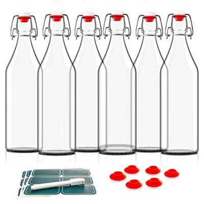 Otis Classic Swing Top Glass Bottles - Set of 6, 16oz w/Marker & Labels - Clear Bottle with Caps for Juice, Water, Kombucha, Wine, Beer Brewing, Kefir Milk or Eggnog