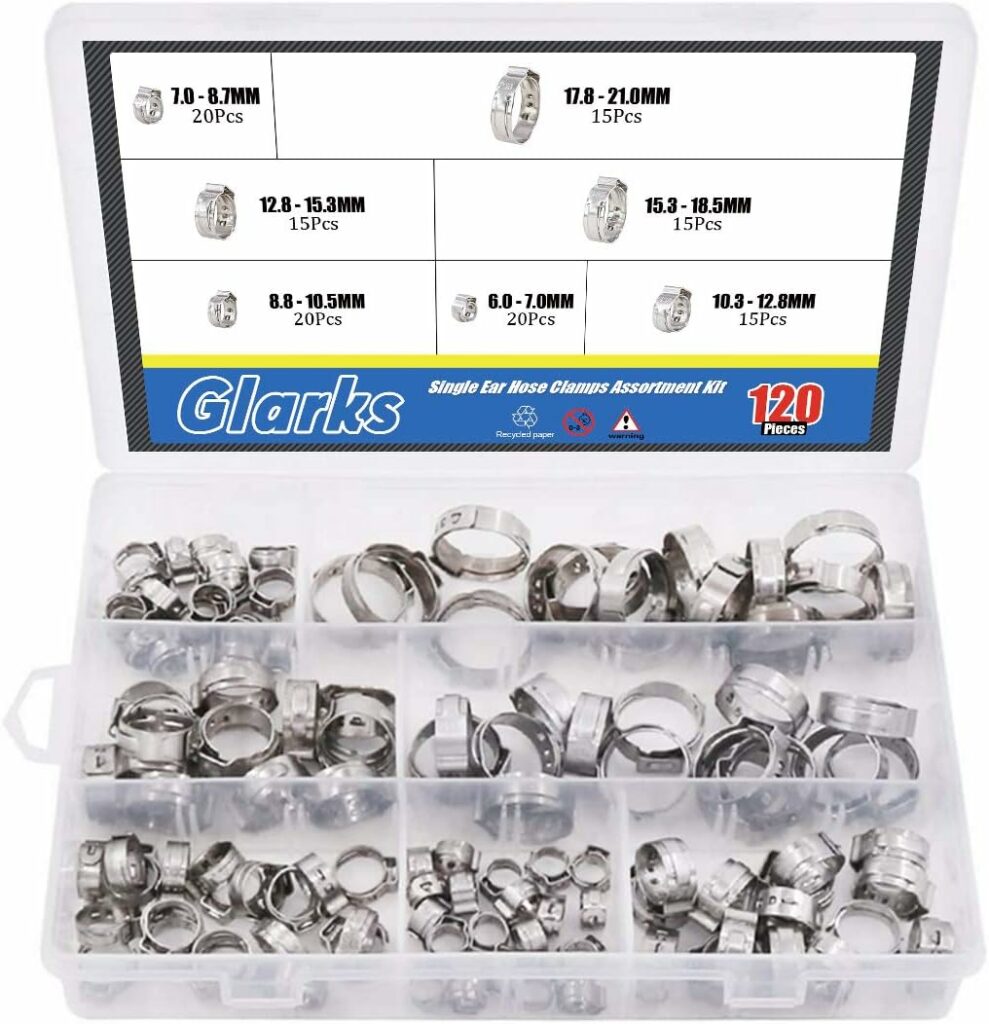 Glarks 120Pcs 7-21mm 304 Stainless Steel Single Ear Hose Clamps Assortment Kit