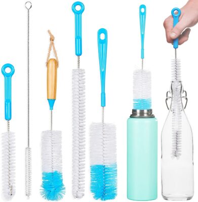 Turbo Microfiber Bottle Brush Cleaner Pack - Set of 5 Bottle Brushes for Cleaning Baby Bottles, Water Bottles, Tumblers, Wine Decanters, Flask, Bong, Vase Cleaner - One Straw Cleaner Brush