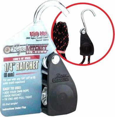 Rope Ratchet 10016 Heavy-Duty 1/4" Ratcheting Tie Down Rope Hanger, 150lb - Robust Rachet Pulley System, Secure Rope Tie Downs with Hooks (1 Ratchet Only, As Pictured)
