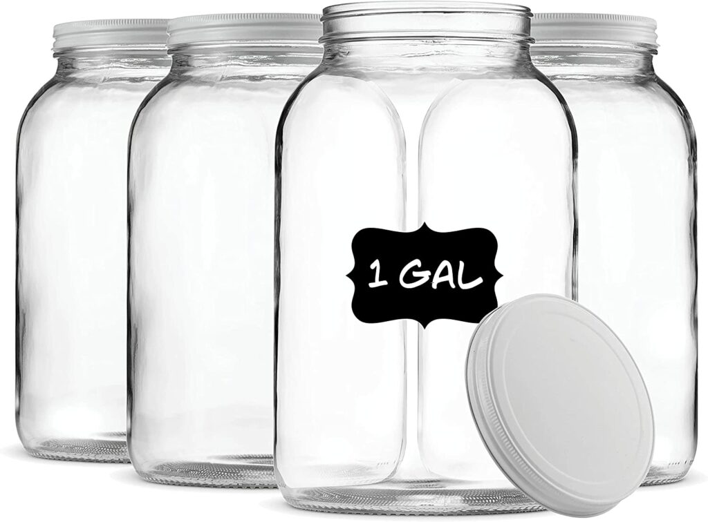 Paksh Novelty 1-Gallon Glass Jar Wide Mouth with Airtight Metal Lid 4-Pack USDA Approved BPA-Free Dishwasher Safe Clear Mason Jar for Fermenting Kombucha Kefir Storing and Canning - Chalkboard Labels