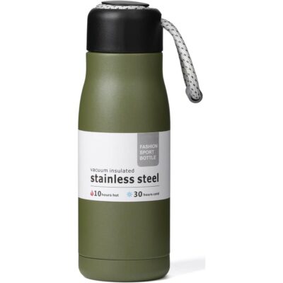 Small Water Bottle 12 oz, Dusgut Insulated Water Bottle, Stainless Steel, Wide Mouth Portable Lid, Army Green