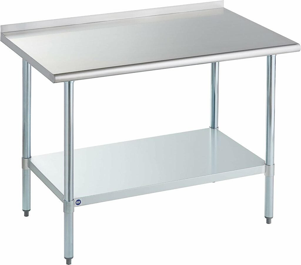ROCKPOINT Stainless Steel Table for Prep & Work with Backsplash 48x30 Inches, NSF Metal Commercial Kitchen Heavy Duty Table with Adjustable Under Shelf and Table Foot for Restaurant, Home and Hotel