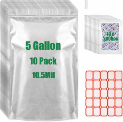 5 Gallon Mylar Bags for Food Storage,10.5 Mil Mylar Bags with Oxygen Absorbers 2000cc-10 Mylar Bags 5 Gallon,Stand-Up Zipper Resealable Bags & Heat... 