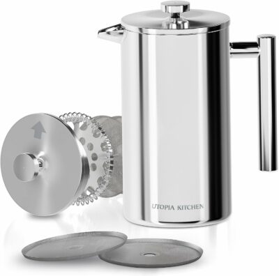 Utopia Kitchen - French Press Coffee Maker 34Oz, Double Wall Insulated Stainless Steel with 4-Level Filtration system, Includes 2 Extra Filters, Rust-Free, Dishwasher Safe, Silver