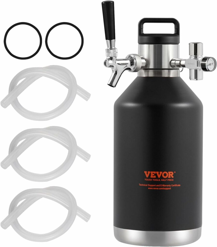 VEVOR Beer Growler Tap System Double-Layer 304 Stainless Steel, Pressure Display, CO2 Regulator Faucet, Leak-Proof Ring for Draft, Homebrew, 128Oz 4L, Black