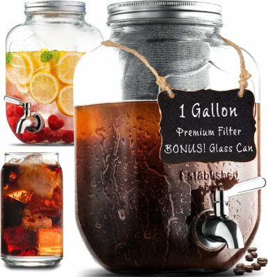 1 Gallon Cold Brew Coffee Maker - 3rd Generation Fine Mesh Filter - Stainless Steel Spigot - Extra Thick Large Glass Mason Jar Drink Dispenser Carafe, Iced Coffee Maker & Sun Tea Pitcher with Infuser.