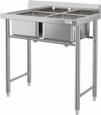 RIEDHOFF Stainless Steel Utility Sink with 2 Compartments,[Wide Compartment] Commercial Kitchen Sink for Laundry, Backyard, Garage, Restaurant, Outdoor -Bowl 16" L x 14" W x 9" H