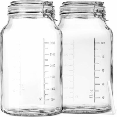1 Gallon Super Wide Mouth Glass Storage Jars with Airtight Lids and 2 Measurement Marks, Leak Proof Glass Container with Hinged Lids, Large Pickle Jars with Labels and Silicone Gasket, 2 Pack