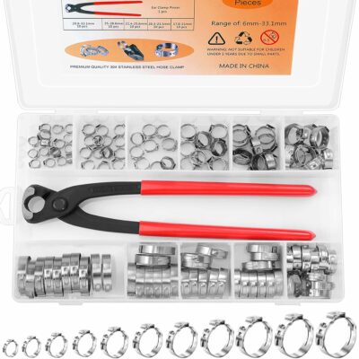 120PCS 11 Sizes Single Ear Hose Clamps 304 Stainless Steel, 6-33.1mm Stepless Cinch Rings Crimp Assortment Kit with Ear Clamp Pincer for Securing Pipe Hoses and Automotive Use By Hydencamm