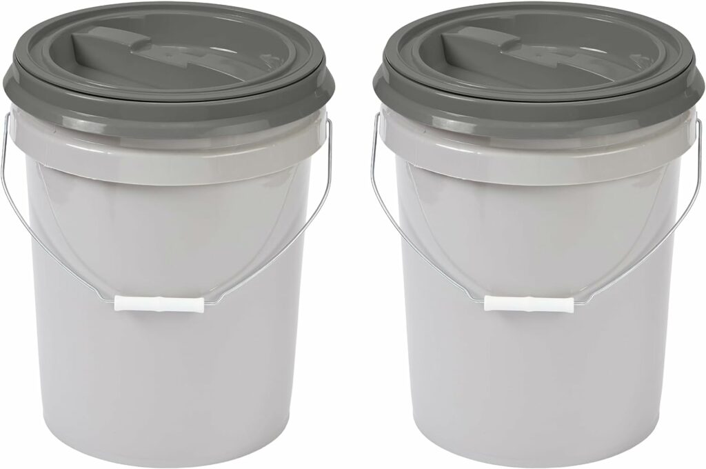 Mighty Tuff 5 Gallon / 21 Pound Pet Food Storage Container, Pack of 2 with Metal Handle and Airtight Lid to Lock in Freshness, Light Grey Base & Dark Grey Lid