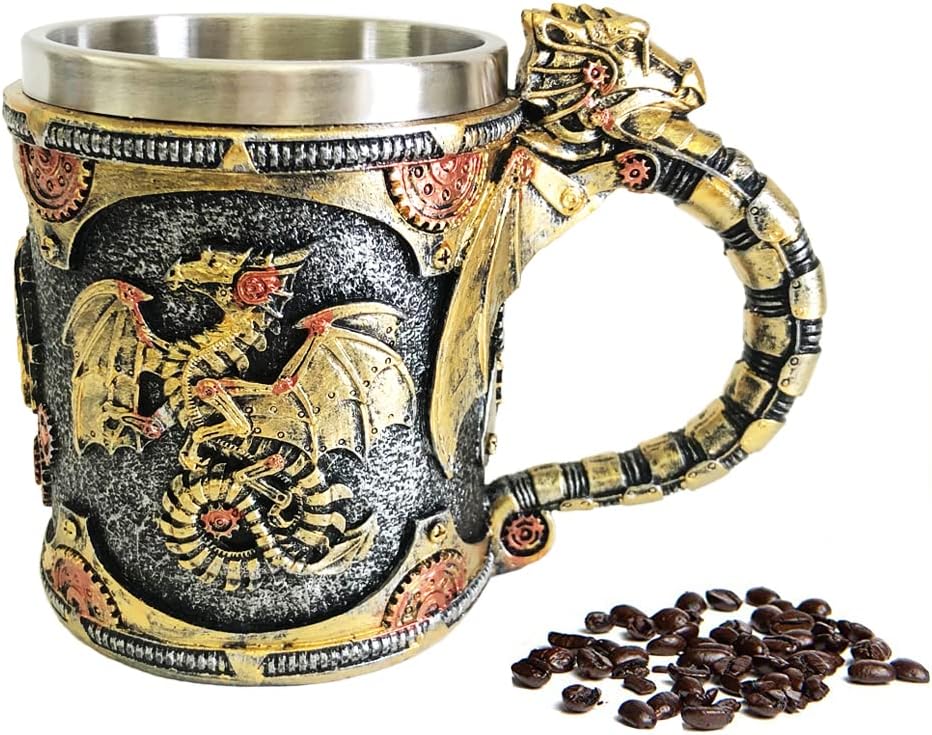OURASHERO Medieval Mechanical Dragon Mug Resin Steampunk Gearwork Renaissance Dragons Beer Stein Viking Tankard Mug Stainless Coffee Drink Cup for Dragon Collector Lovers Themed Party Decoration-14oz
