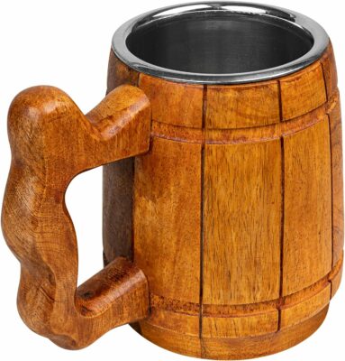 GoCraft Handmade Wooden Beer Mug with 18oz Stainless Steel Cup | Great Beer Gift Ideas Wooden Beer Tankard for Men | Vintage Bar accessories - Barrel Yellow Classic Design