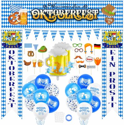 ADXCO 47 Pieces Oktoberfest Decorations Kit Oktoberfest Porch Sign Banner Sign Flag 10 m Bavarian Pennant Banner 26 Balloons 17 Photo Booth Props with Stick for German Oktoberfest Beer Party Supplies