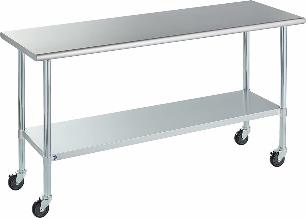 Rockpoint Stainless Steel Table for Prep & Work with Caster Wheels 72x24 Inches, NSF Metal Commercial Kitchen Table with Adjustable Under Shelf and Table Foot for Restaurant, Home and Hotel