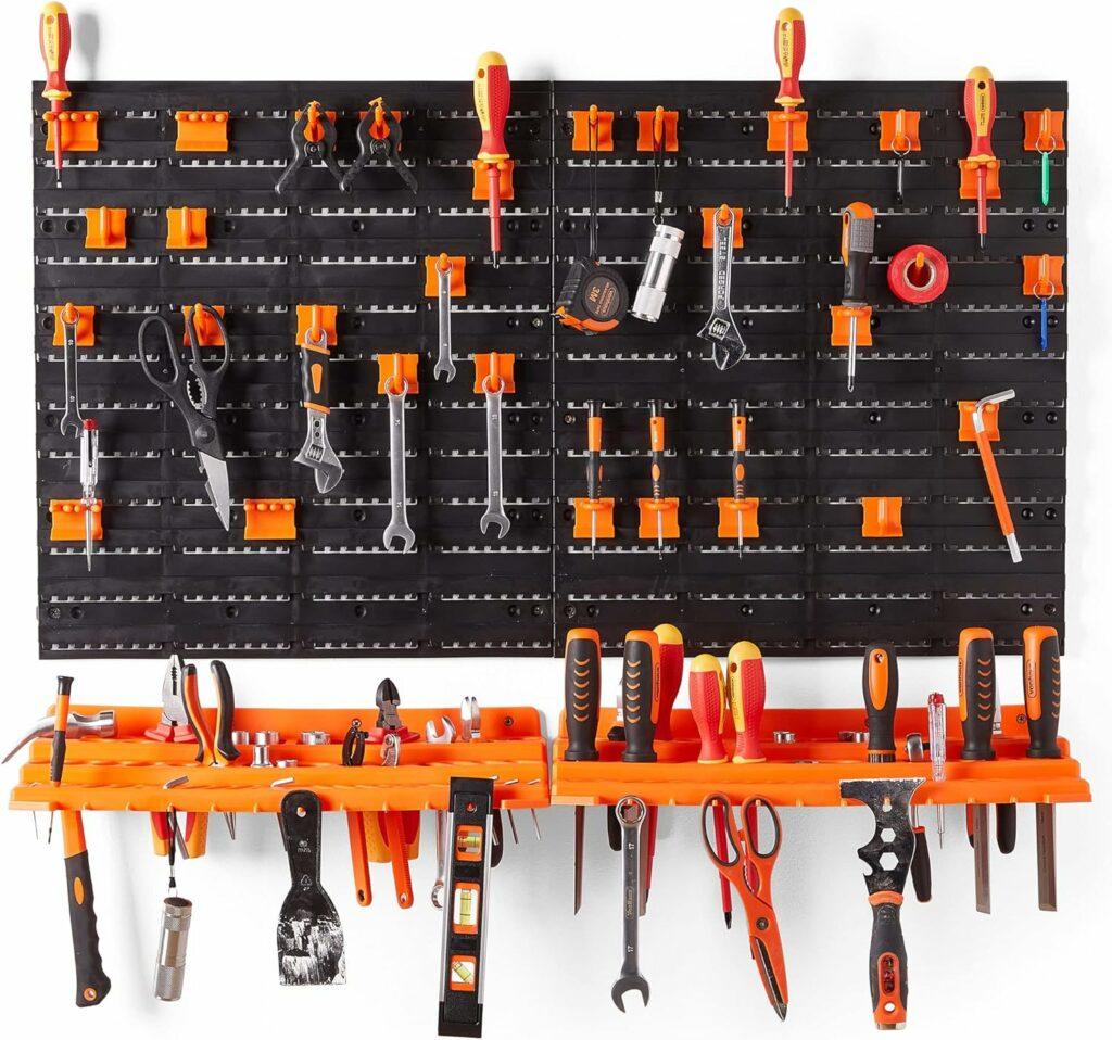 VonHaus 50 Piece Wall Mounted Plastic Pegboard and Shelf Tool Organizer - DIY Garage Storage Wall Mount System with Rack and 50 Assorted Hook Accessories - Tool, Parts and Craft Organizer
