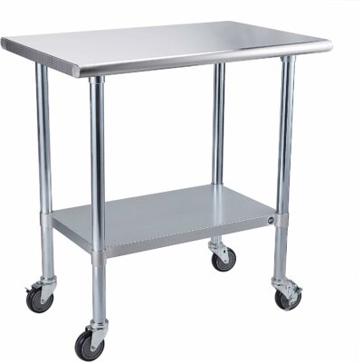 ROCKPOINT Stainless Steel Table for Prep & Work with Caster 36x24 Inches, NSF Metal Commercial Kitchen Table with Adjustable Under Shelf and Table Foot for Restaurant, Home and Hotel (Silver)