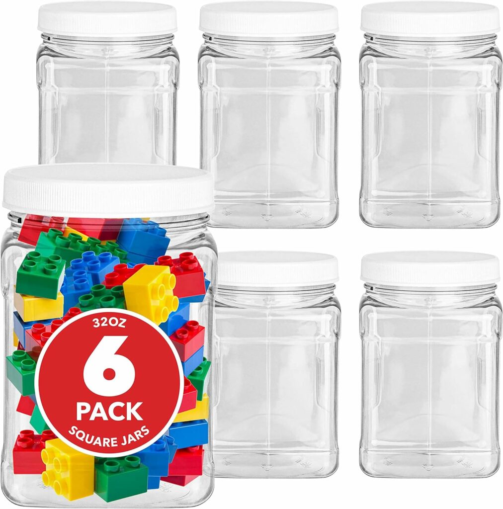 Stock Your Home Plastic Storage Jars (6 Pack) - 32 Oz Square Plastic Canisters with Lids - Shatterproof Plastic Storage Jars with Lids - Reusable Wide Mouth Clear Plastic Containers with Lids