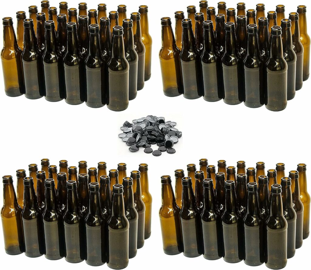 North Mountain Supply 12 Ounce Long-Neck Amber Beer Bottles - 96 Bottles (4 Cases of 24) - Includes 250 Crown Caps