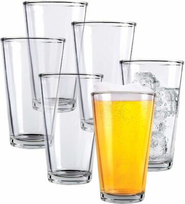 Pint Beer Glasses Set of 6 – 16 oz Tall Clear Drinking Glasses and All Purpose Tumblers – Heavy Base Cocktail, Water, Juice Glass – Pub Style Design For Home Dining, Bars, and Parties