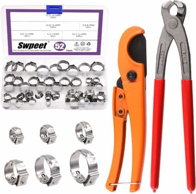 Swpeet 52Pcs 6 Sizes Single Ear Hose Clamps Assorment Kit, with 1Pcs Ear Clamp Pliers and 1Pcs Pipe Cutter for Securing Pipe Hoses 