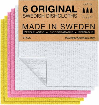 SUPERSCANDI Swedish Dishcloths Eco Friendly Reusable Sustainable Biodegradable Cellulose Sponge Cleaning Cloths for Kitchen Dish Rags Washing Wipes Paper Towel Replacement (6 Pack Assorted Colors)