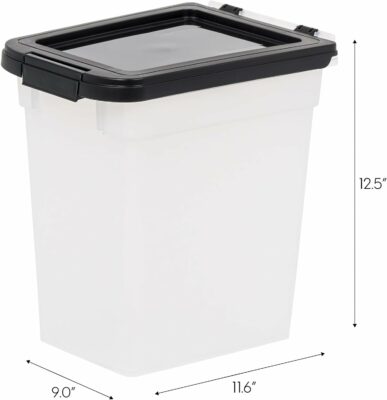 IRIS USA 10 Pound Dog Food Storage Container with Airtight Seal and Buckle, Cat Food, Bird Seed or Any Pet Food Bin, Easy 1 Hand Opening Hinged Lid, Versatile, Space Saving Compact Size, Clear/Black