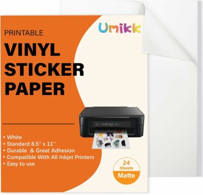 Umikk Printable Vinyl Sticker Paper 24 Sheets - Waterproof Vinyl Printer Sticker Sheet, Sticker Printer Paper for Inkjet Printer & Laser Printer, Size 8.5"11" A4 Printer Paper - Matte
